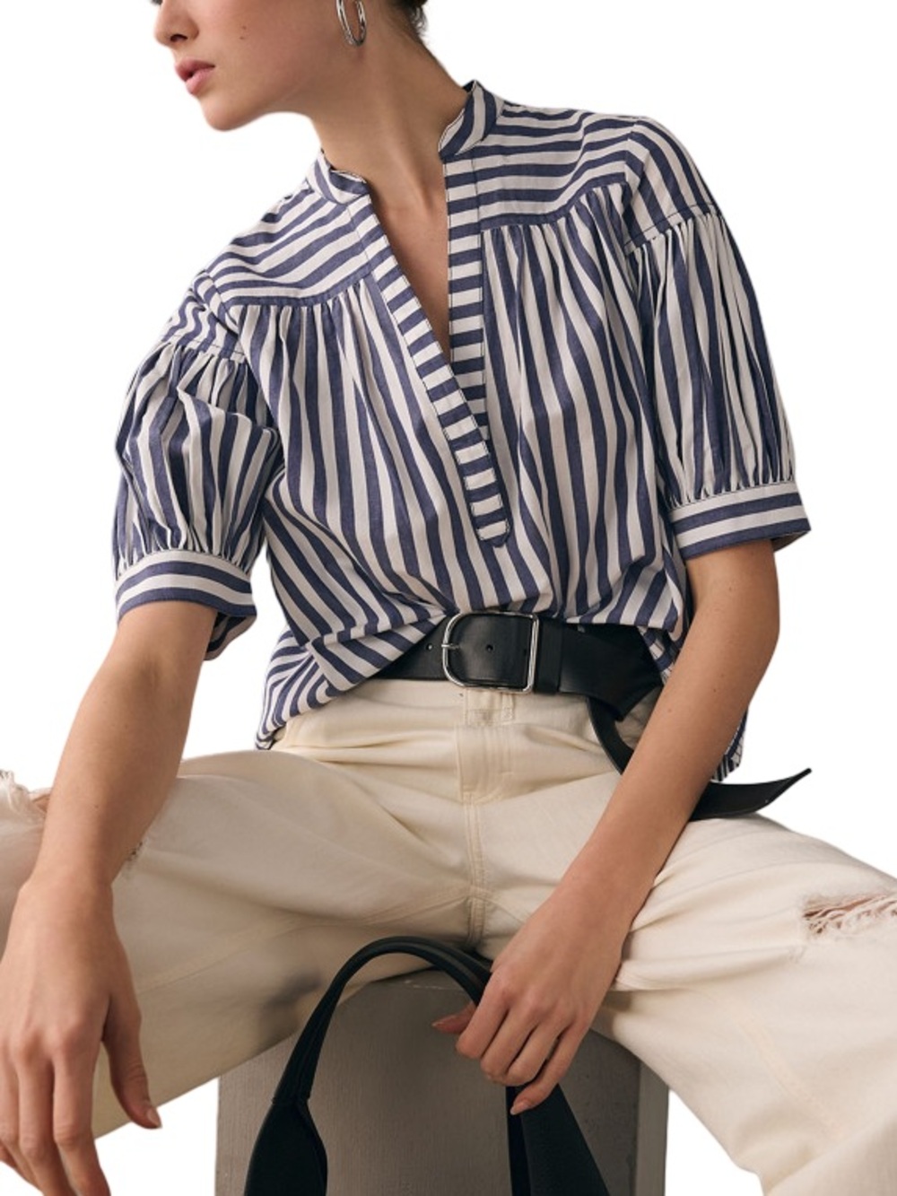 Anthropologie Darcey Navy and White Striped V‑Neck Popover Blouse - Picture 7 of 7